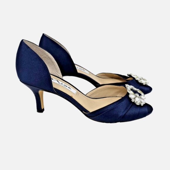 Nina Corrine D'Orsay Pump Navy Satin Peep Toe Jeweled Buckle Womens Size 6.5 M - Picture 4 of 12